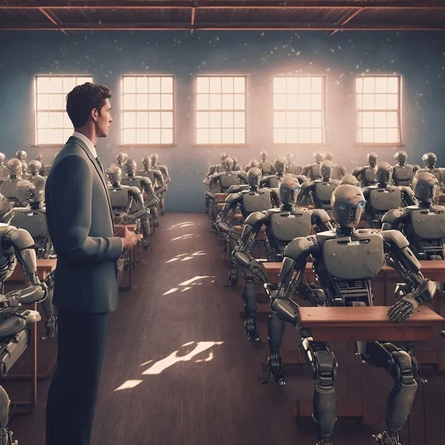 A teacher in front of a classroom of robots