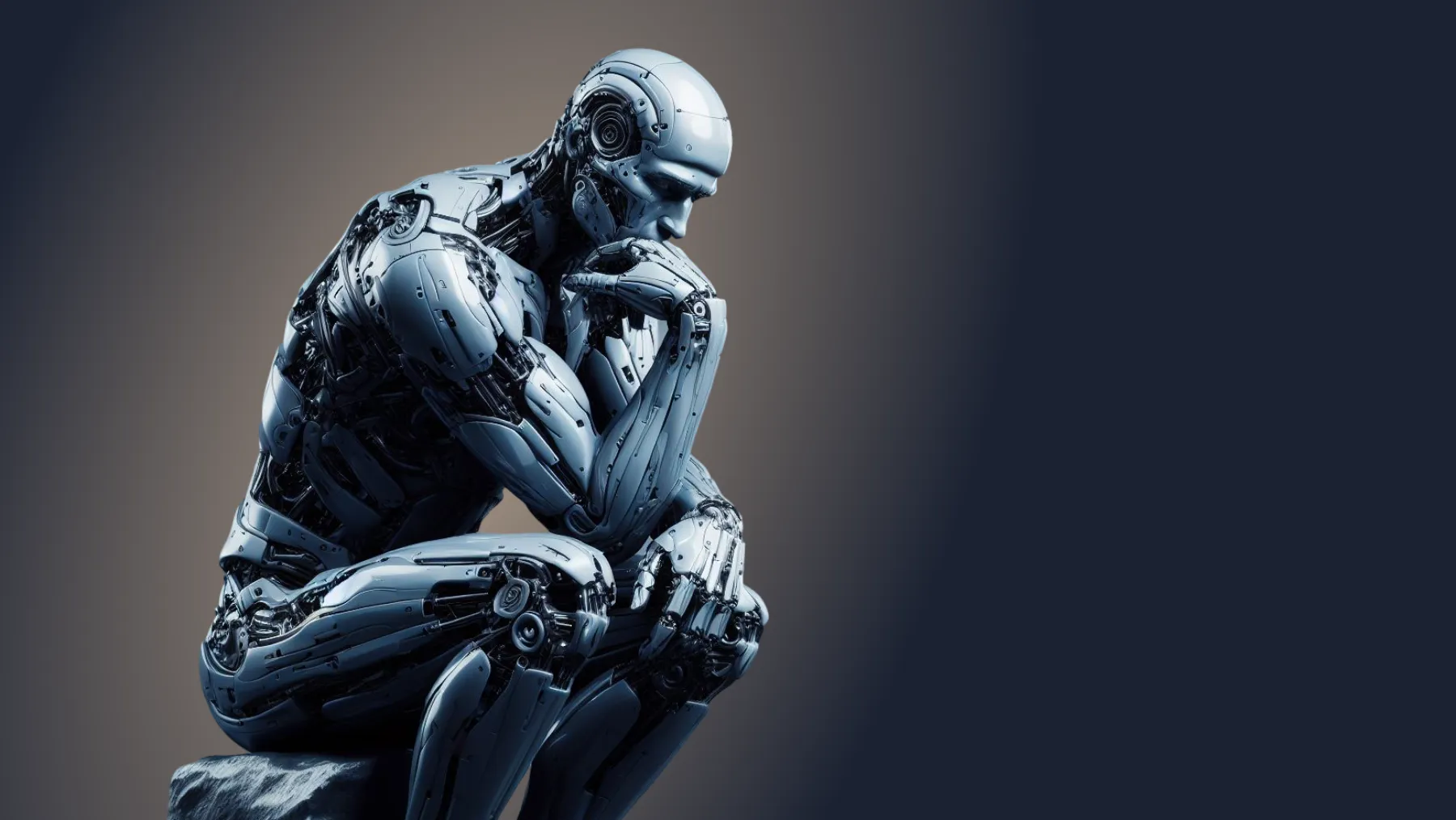 Cyborg, seated, chin on hand, reminiscent of Rodin's The Thinker statue