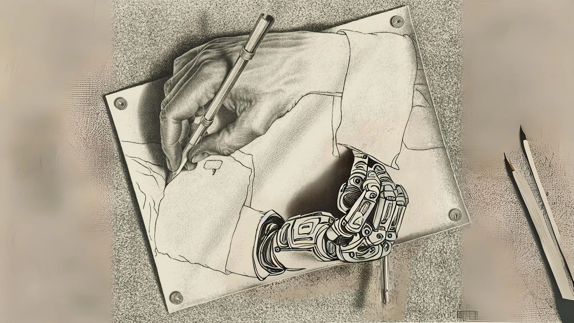 MC Escher drawing hands with robot hand