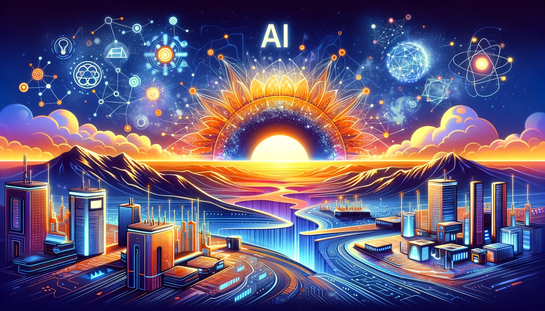 a stylized sun rising over a futuristic landscape, symbolizing innovation and progress in the AI field