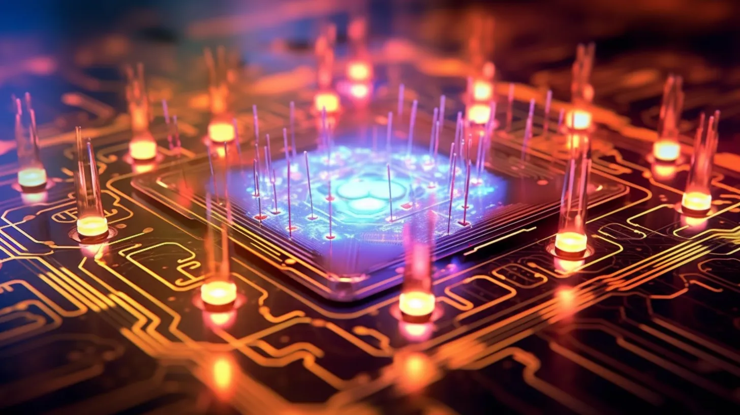 A close-up of a quantum computer chip, the intricate circuits glowing with ethereal light