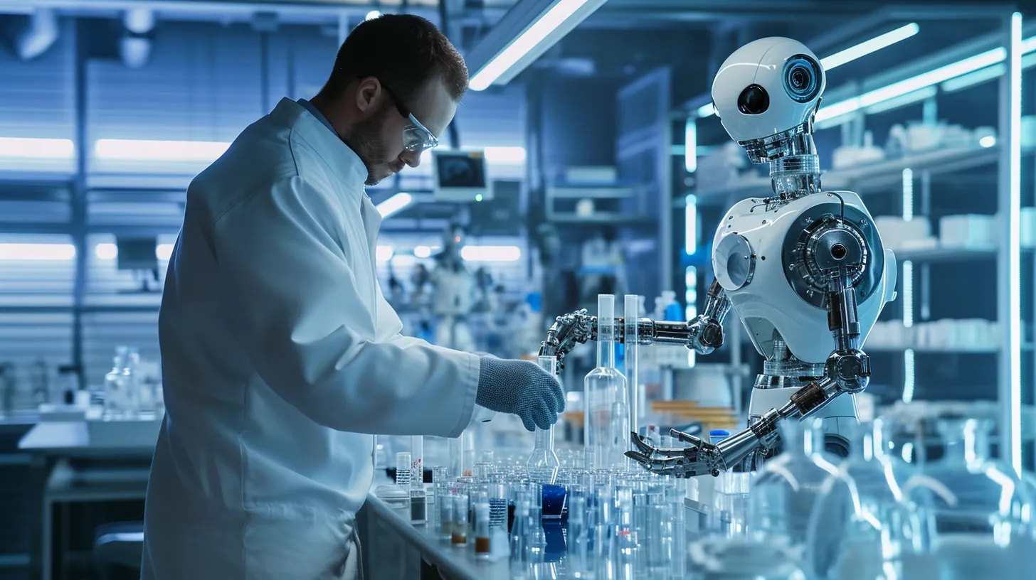 A robot scientist working together with a human developing new materials in a materials science lab