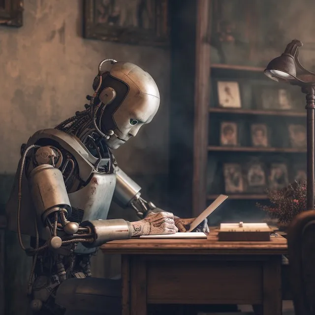 Illustration of a humanoid robot writing a book