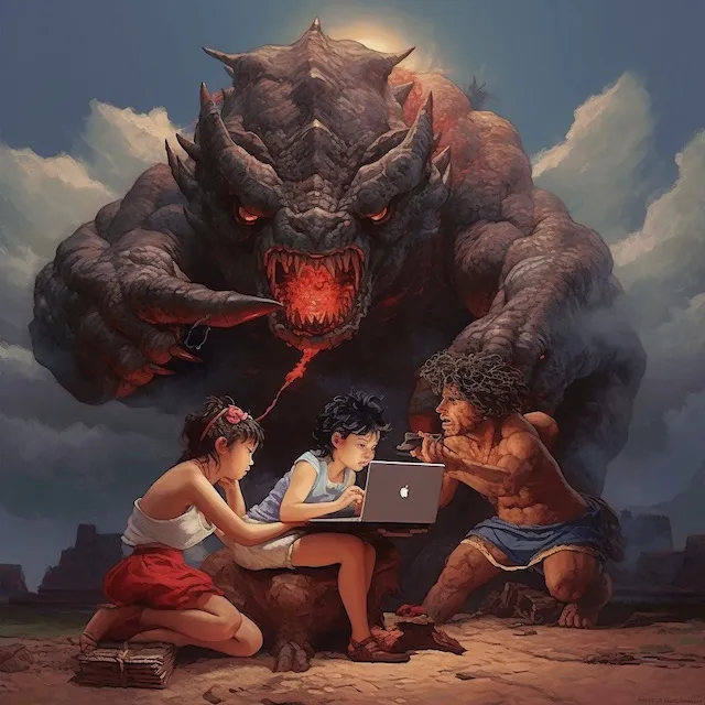 Youngsters with a laptop beneath a monster